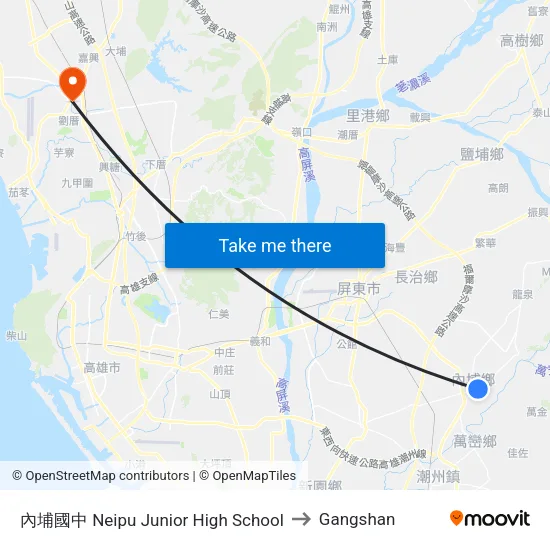 內埔國中 Neipu Junior High School to Gangshan map