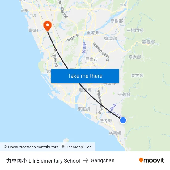 力里國小 Lili Elementary School to Gangshan map