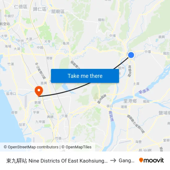 東九驛站 Nine Districts Of East Kaohsiung Service Station to Gangshan map