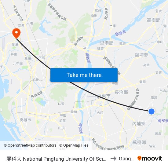 屏科大 National Pingtung University Of Science And Technology to Gangshan map