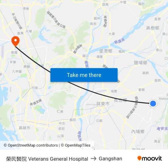 榮民醫院 Veterans General Hospital to Gangshan map