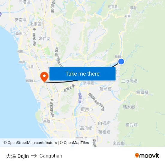 大津 Dajin to Gangshan map