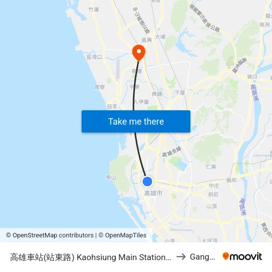 高雄車站(站東路) Kaohsiung Main Station(Jhandong Rd.) to Gangshan map
