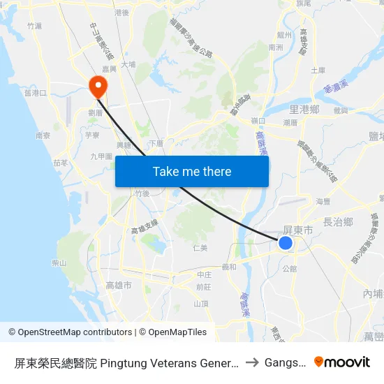 屏東榮民總醫院 Pingtung Veterans General Hospital to Gangshan map