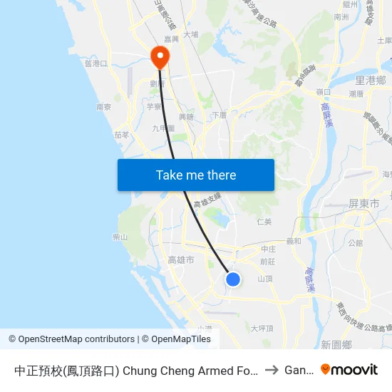中正預校(鳳頂路口) Chung Cheng Armed Forces Prepartory School(Fongding Rd.) to Gangshan map