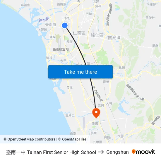 臺南一中 Tainan First Senior High School to Gangshan map