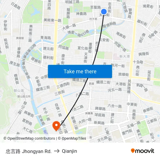 忠言路 Jhongyan Rd. to Qianjin map