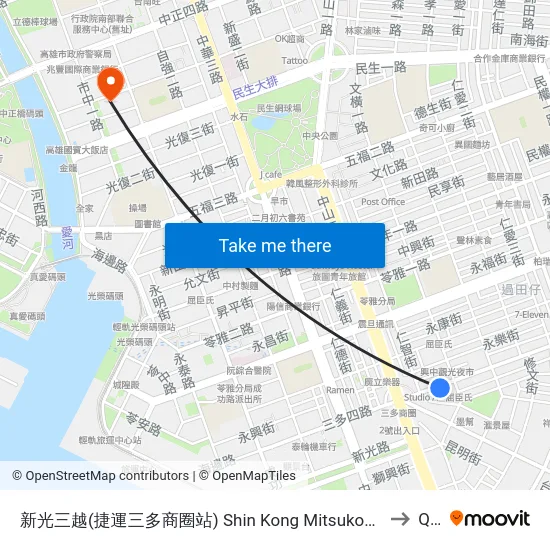 新光三越(捷運三多商圈站) Shin Kong Mitsukoshi Department Store(Mrt Sandou Shopping District Station) to Qianjin map