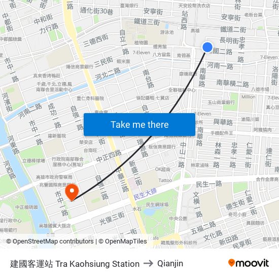 建國客運站 Tra Kaohsiung Station to Qianjin map