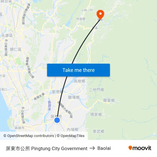 Pingtung City Government to Baolai map
