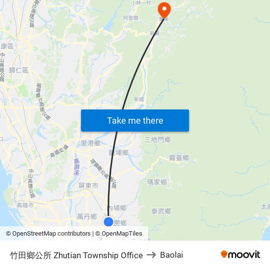 竹田鄉公所 Zhutian Township Office to Baolai map