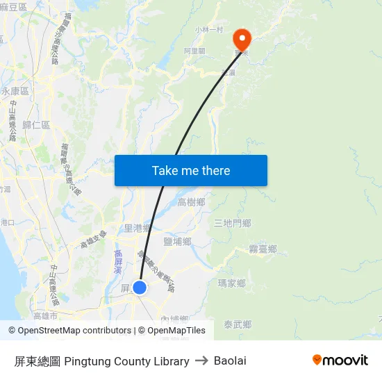 Pingtung County Library to Baolai map