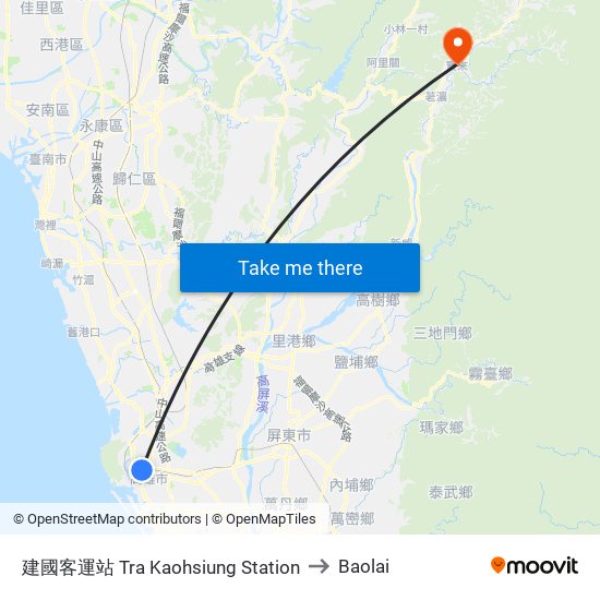 建國客運站 Tra Kaohsiung Station to Baolai map