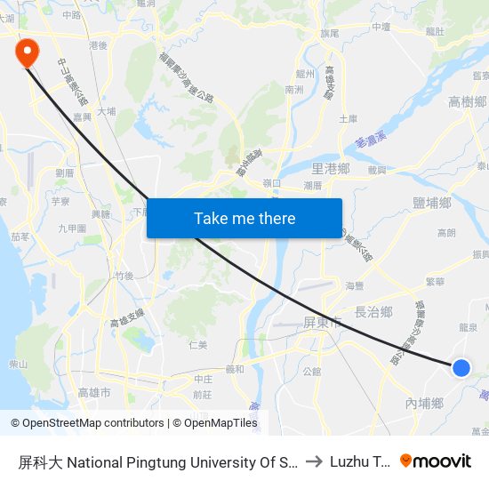 屏科大 National Pingtung University Of Science And Techno to Luzhu Taiwan map