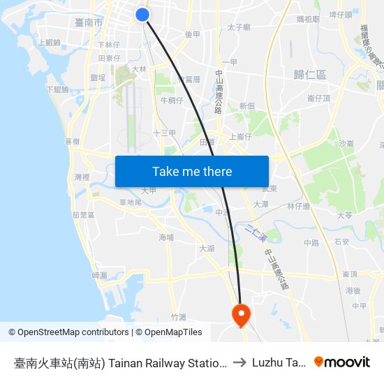 臺南火車站(南站) Tainan Railway Station(S Station) to Luzhu Taiwan map