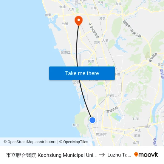市立聯合醫院 Kaohsiung Municipal United Hospital to Luzhu Taiwan map