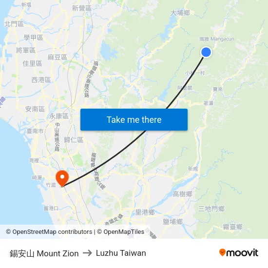 錫安山 Mount Zion to Luzhu Taiwan map