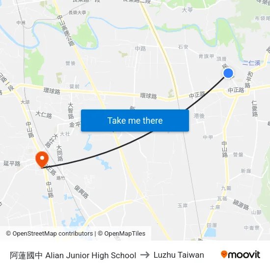 阿蓮國中 Alian Junior High School to Luzhu Taiwan map