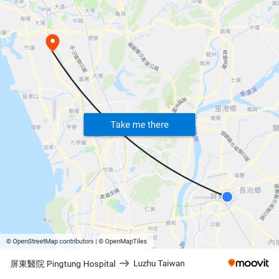 屏東醫院 Pingtung Hospital to Luzhu Taiwan map