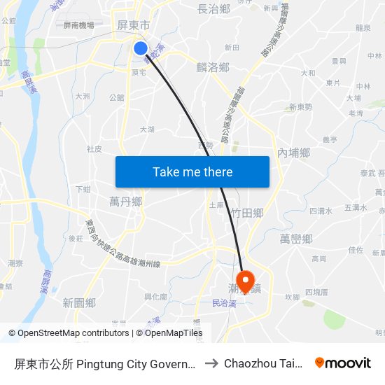 屏東市公所 Pingtung City Government to Chaozhou Taiwan map