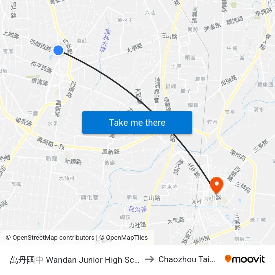 萬丹國中 Wandan Junior High School to Chaozhou Taiwan map