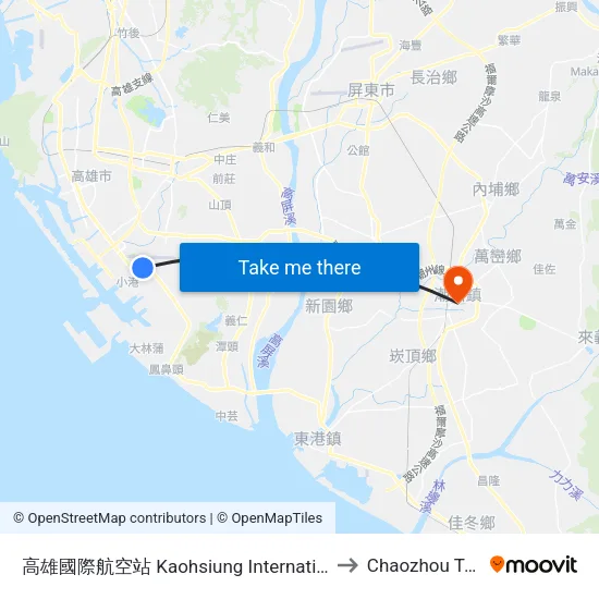 高雄國際航空站 Kaohsiung International Airport to Chaozhou Taiwan map