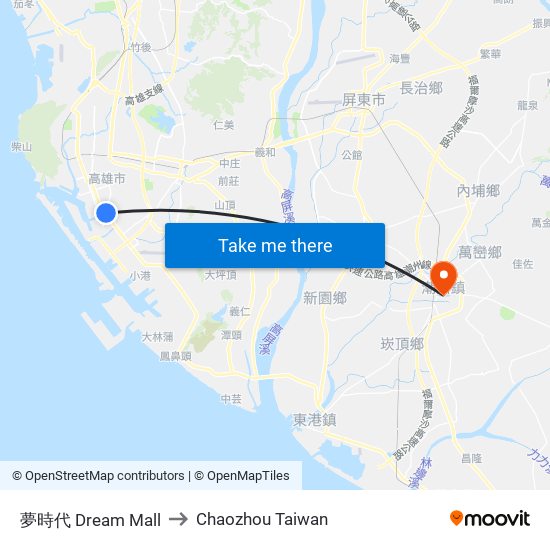 夢時代 Dream Mall to Chaozhou Taiwan map