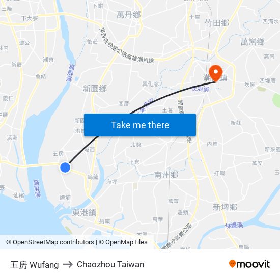 五房 Wufang to Chaozhou Taiwan map