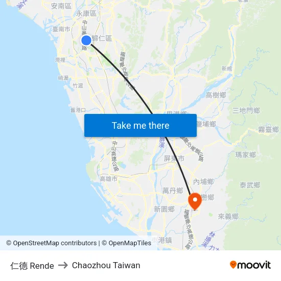 仁德 Rende to Chaozhou Taiwan map