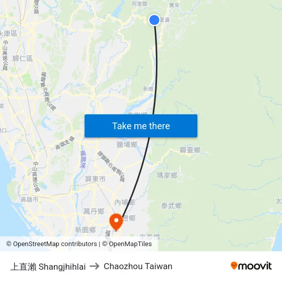 上直瀨 Shangjhihlai to Chaozhou Taiwan map
