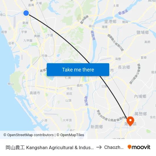 岡山農工 Kangshan Agricultural & Industrial Vocational Senior High School to Chaozhou Taiwan map