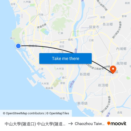 中山大學(隧道口) 中山大學(隧道口) to Chaozhou Taiwan map