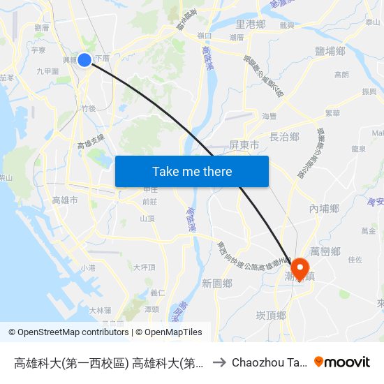 高雄科大(第一西校區) 高雄科大(第一西校區) to Chaozhou Taiwan map