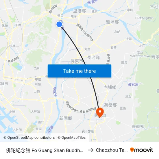 佛陀紀念館 Fo Guang Shan Buddha Museum to Chaozhou Taiwan map