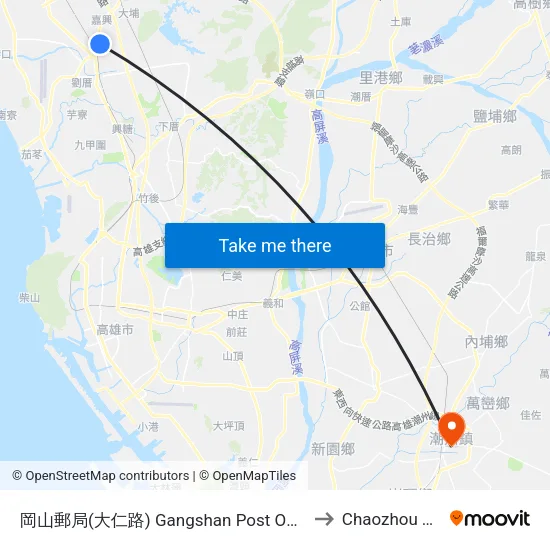 岡山郵局(大仁路) Gangshan Post Office(Daren Rd.) to Chaozhou Taiwan map