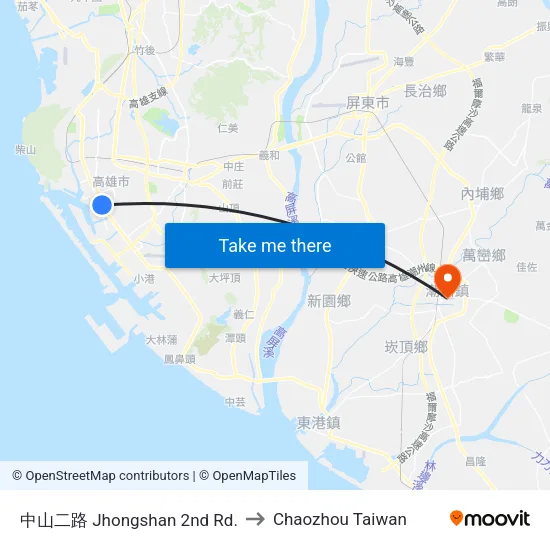 中山二路 Jhongshan 2nd Rd. to Chaozhou Taiwan map