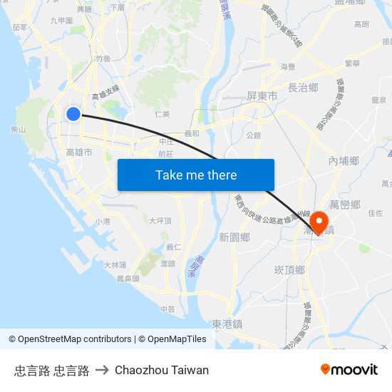 忠言路 忠言路 to Chaozhou Taiwan map