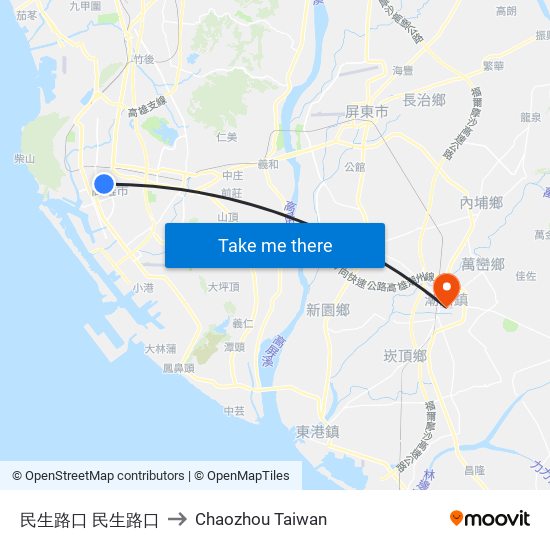 民生路口 民生路口 to Chaozhou Taiwan map