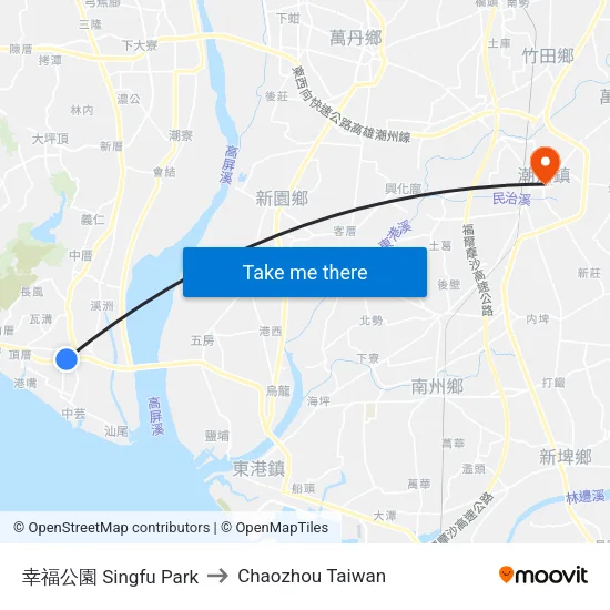 幸福公園 Singfu Park to Chaozhou Taiwan map