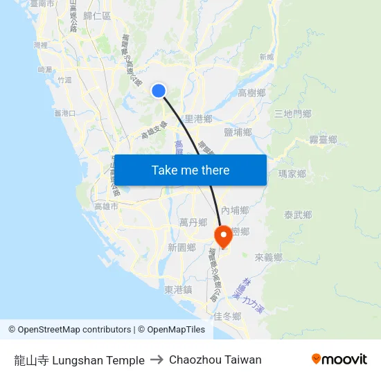 龍山寺 Lungshan Temple to Chaozhou Taiwan map