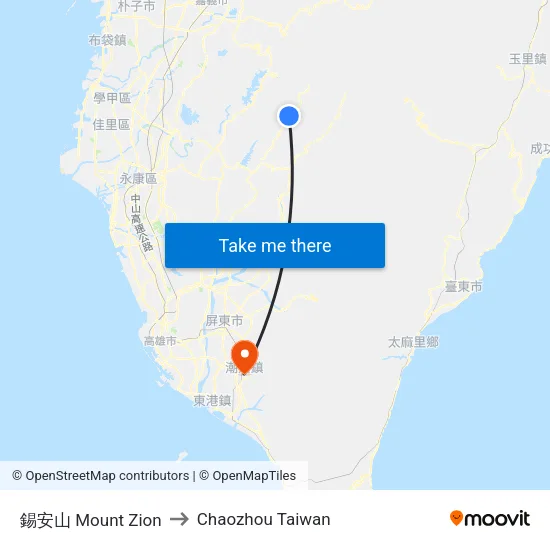 錫安山 Mount Zion to Chaozhou Taiwan map