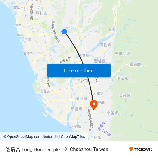 隆后宮 Long Hou Temple to Chaozhou Taiwan map