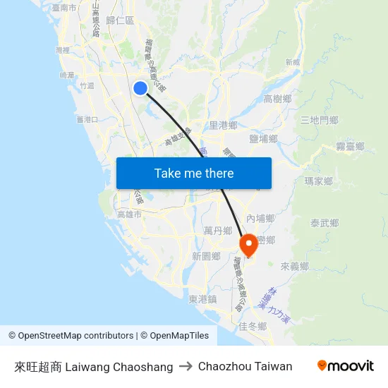 來旺超商 Laiwang Chaoshang to Chaozhou Taiwan map