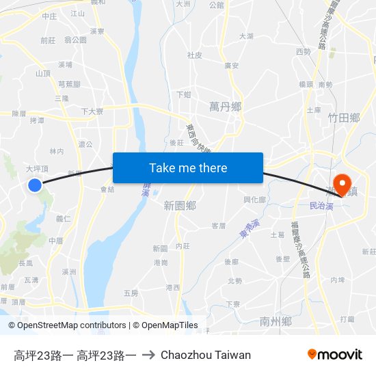 高坪23路一 高坪23路一 to Chaozhou Taiwan map