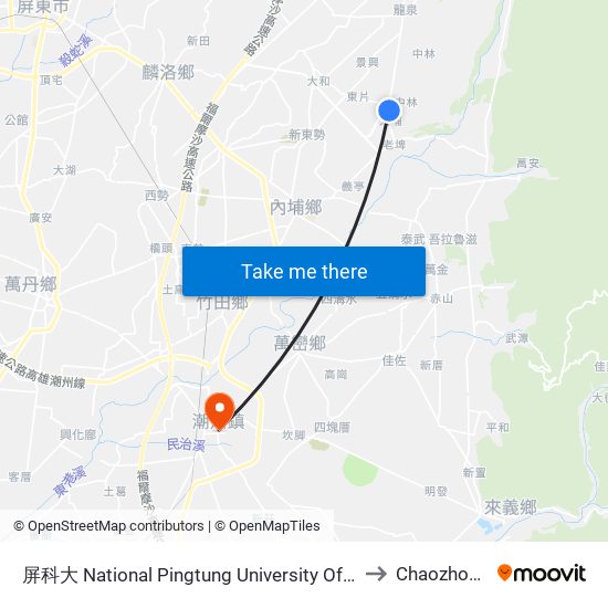 屏科大 National Pingtung University Of Science And Technology to Chaozhou Taiwan map