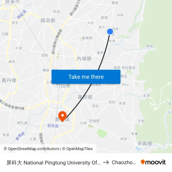 屏科大 National Pingtung University Of Science And Technology to Chaozhou Taiwan map