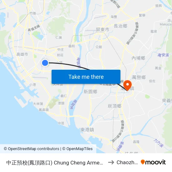 中正預校(鳳頂路口) Chung Cheng Armed Forces Prepartory School(Fongding Rd.) to Chaozhou Taiwan map