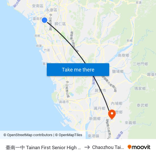 臺南一中 Tainan First Senior High School to Chaozhou Taiwan map