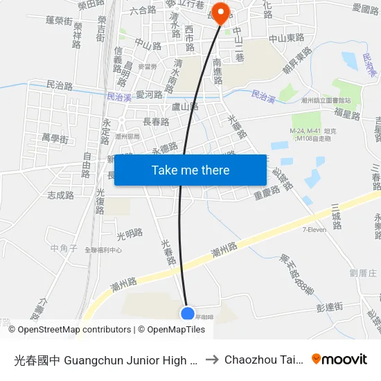 光春國中 Guangchun Junior High School to Chaozhou Taiwan map