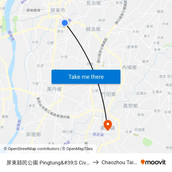 屏東縣民公園 Pingtung&#39;S Civic Park to Chaozhou Taiwan map